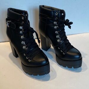 NWOT Black Faux Leather Lace-up Platform Chunky Heel Boots